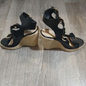 Shoe Dazzle Black Wedge Sandals with Gold Accents Size 8.5